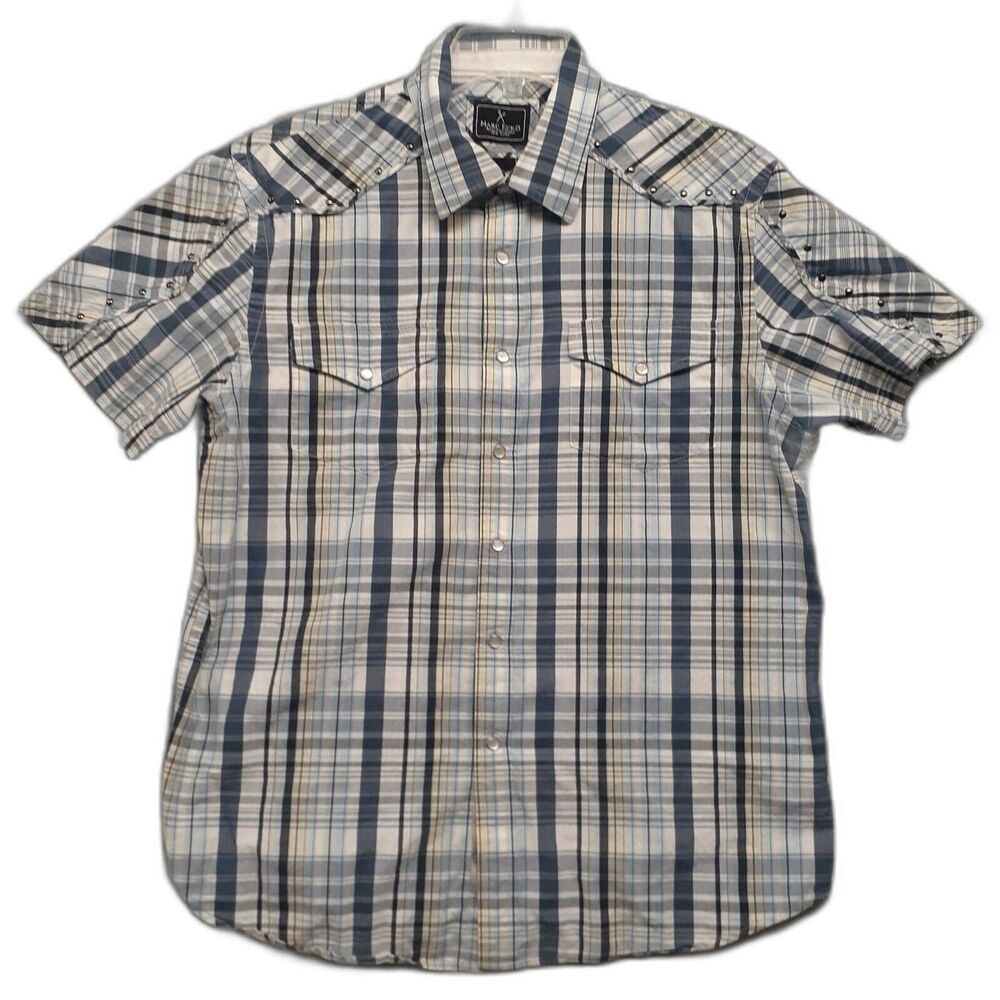 Marc Ecko Men Sz L Western Shirt Blue Plaid Pearl Snap Studded Short Sleeve